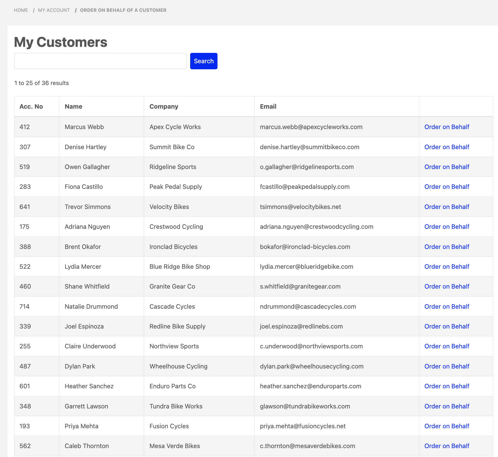 Sales rep customer list with order-on-behalf capability