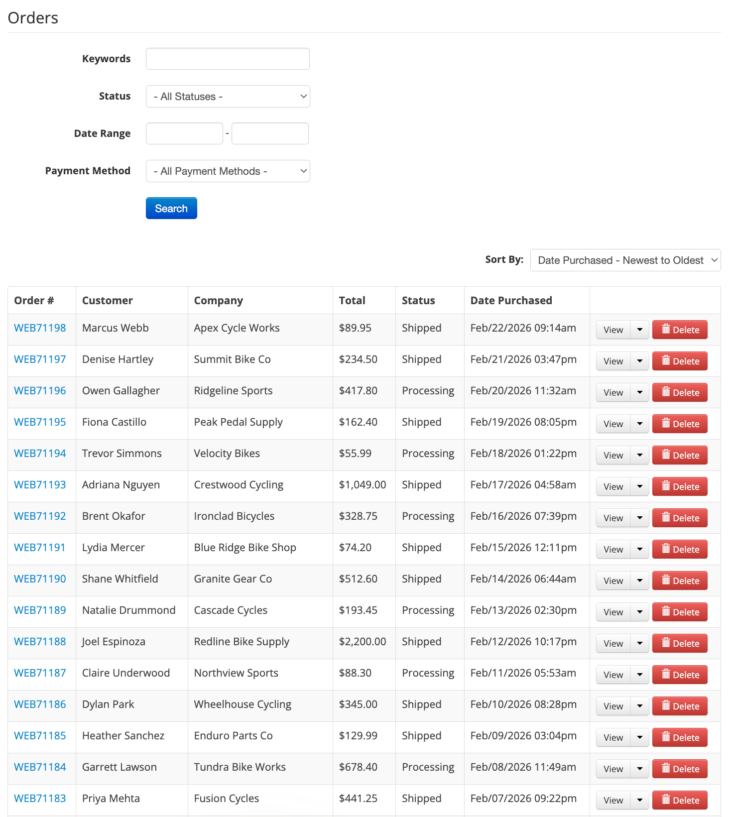Order list with search filters and status columns