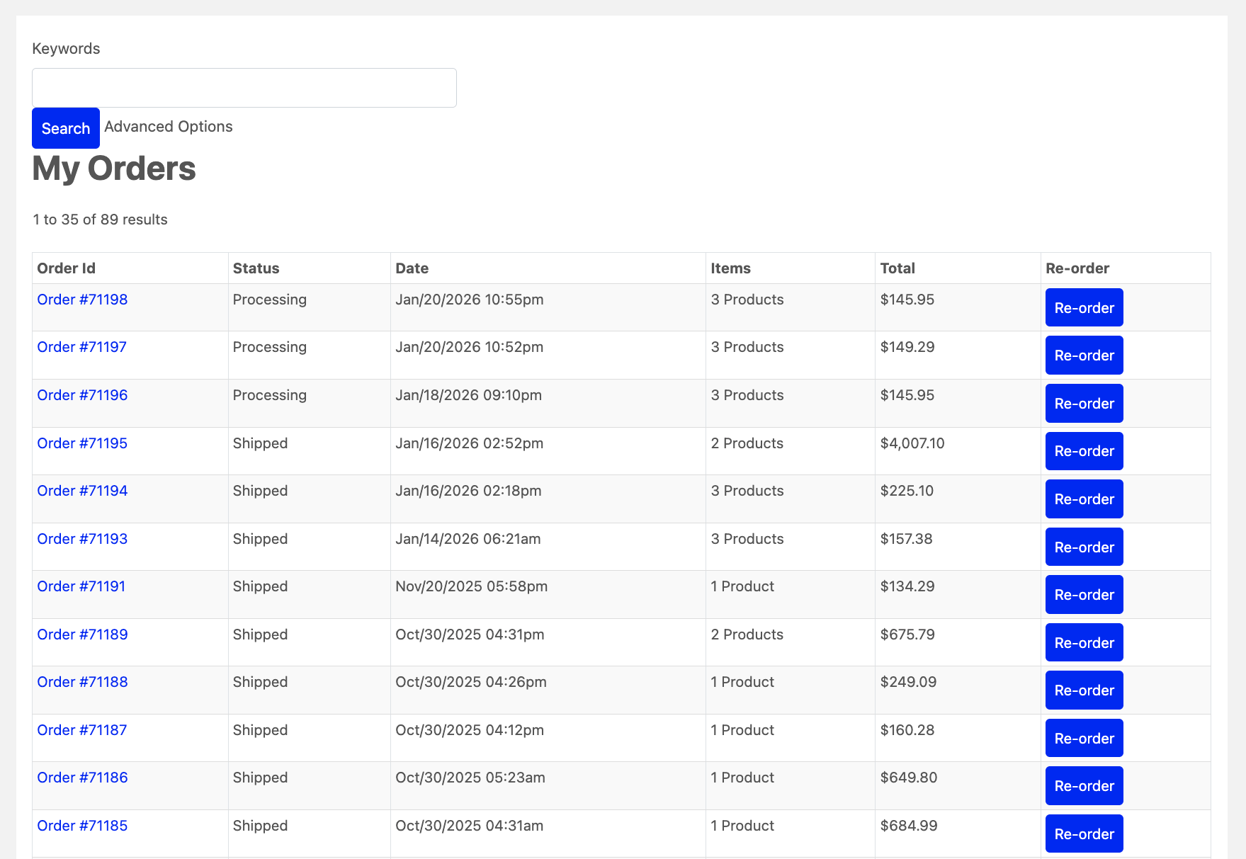 Customer order history with reorder buttons